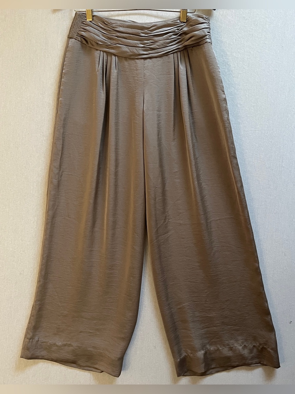 Giorgio Armani Brown Satin Wide-Leg Palazzo Pants Ruched Waist Italy M